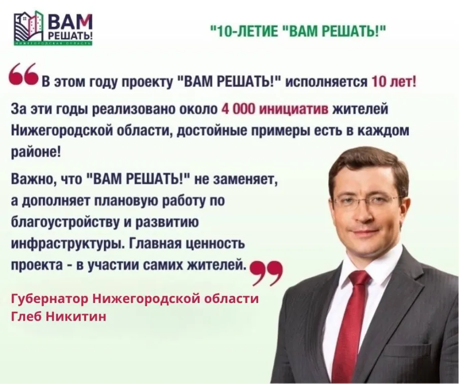 ✅️️️️️️️Губернаторский проект инициативного бюджетирования «ВАМ РЕШАТЬ!» - это поддержка на конкурсной основе инициативных проектов, подготовленных и осуществляемых при участии самих нижегородцев.